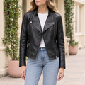 Women's Monica Asymmetrical Leather Moto Jacket — Black — hero