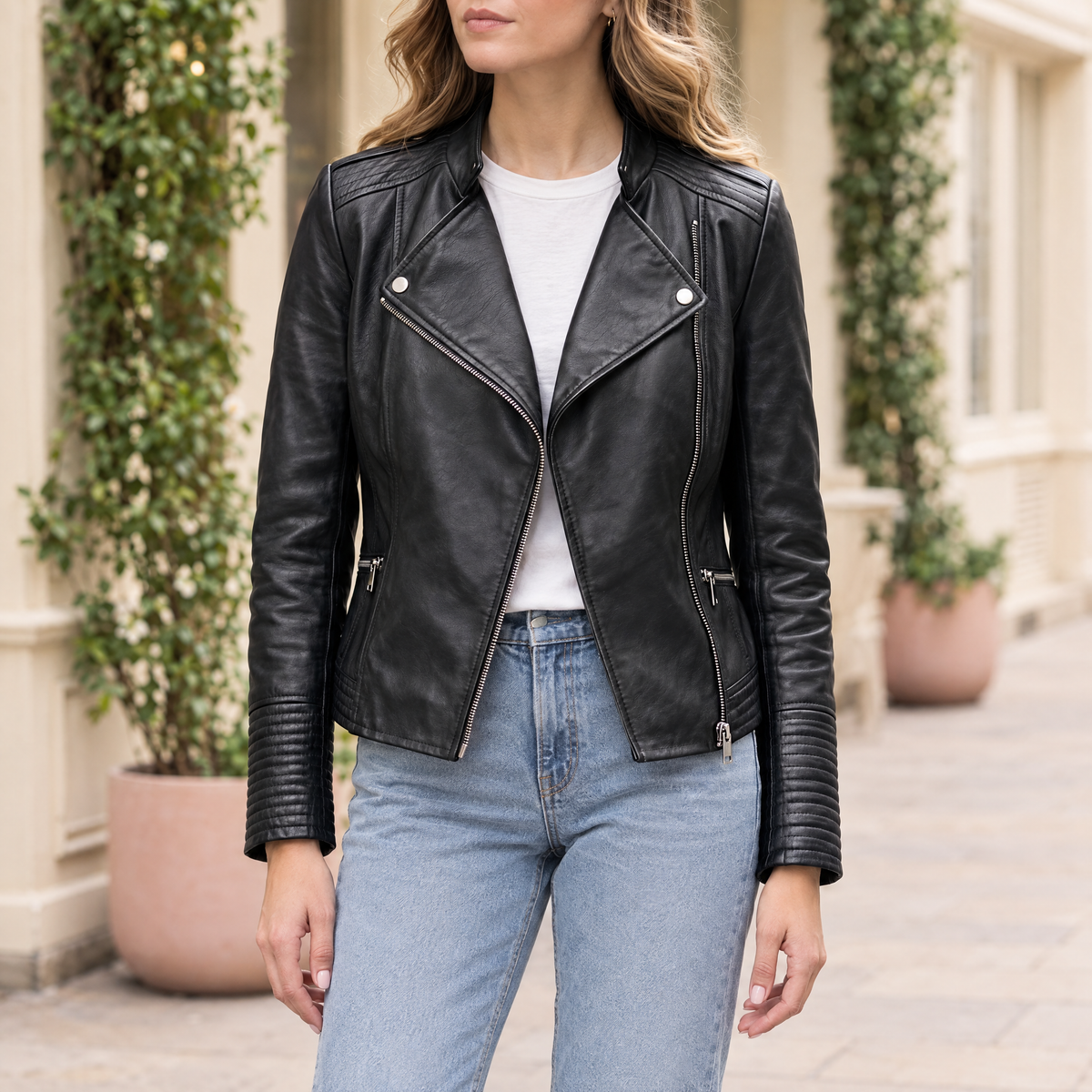 Women's Monica Asymmetrical Leather Moto Jacket — Black — hero