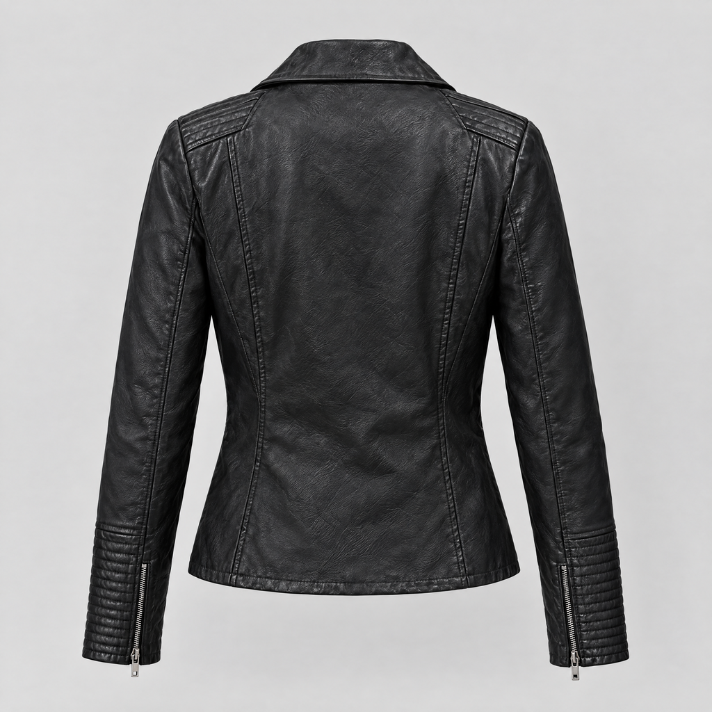 Women's Monica Asymmetrical Leather Moto Jacket — Black — product-back