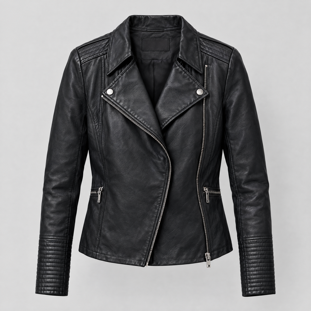 Women's Monica Asymmetrical Leather Moto Jacket — Black — product-front