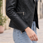 Women's Monica Asymmetrical Leather Moto Jacket — Black — sleeve-detail