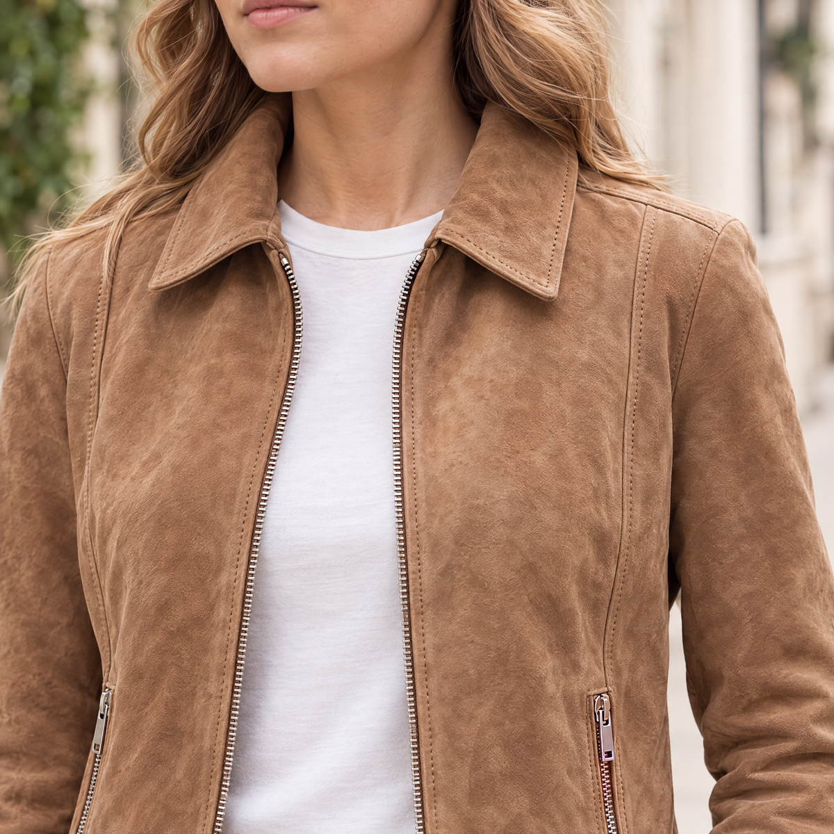 Women's Monty Suede Shirt Collar Zip Jacket — Cognac — chest-detail