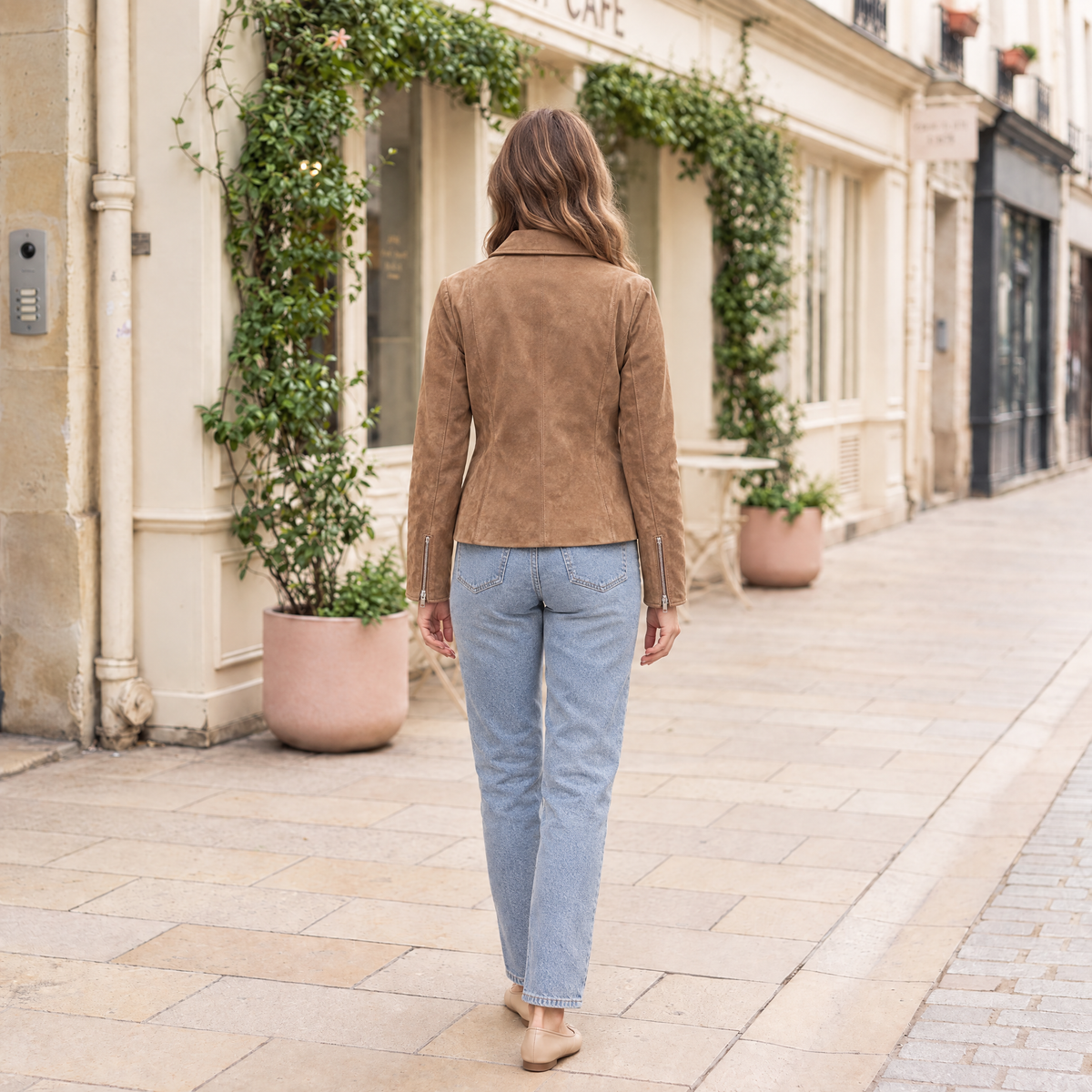 Women's Monty Suede Shirt Collar Zip Jacket — Cognac — full-body-back