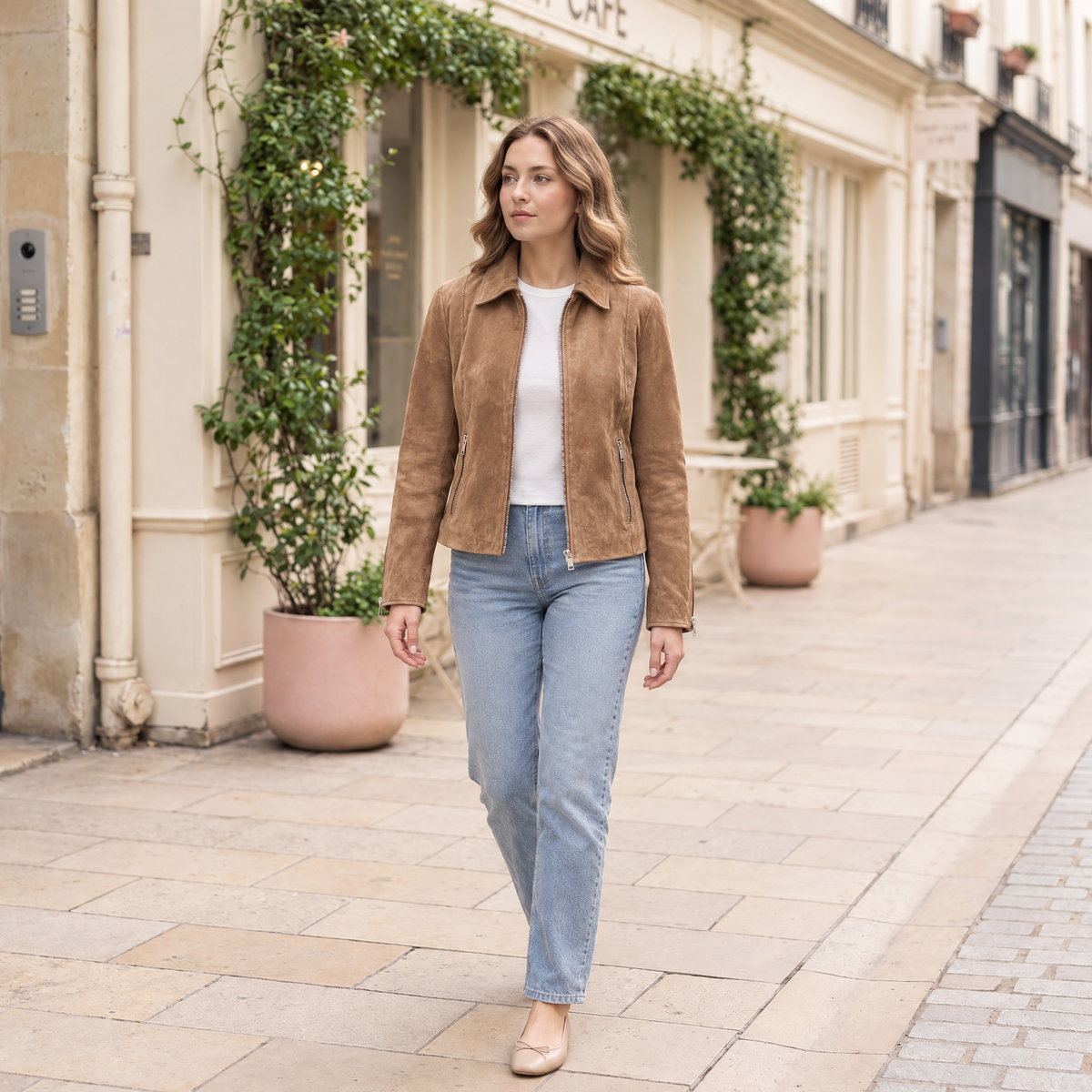Women's Monty Suede Shirt Collar Zip Jacket — Cognac — full-body-front