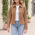 Women's Monty Suede Shirt Collar Zip Jacket — Cognac — hero