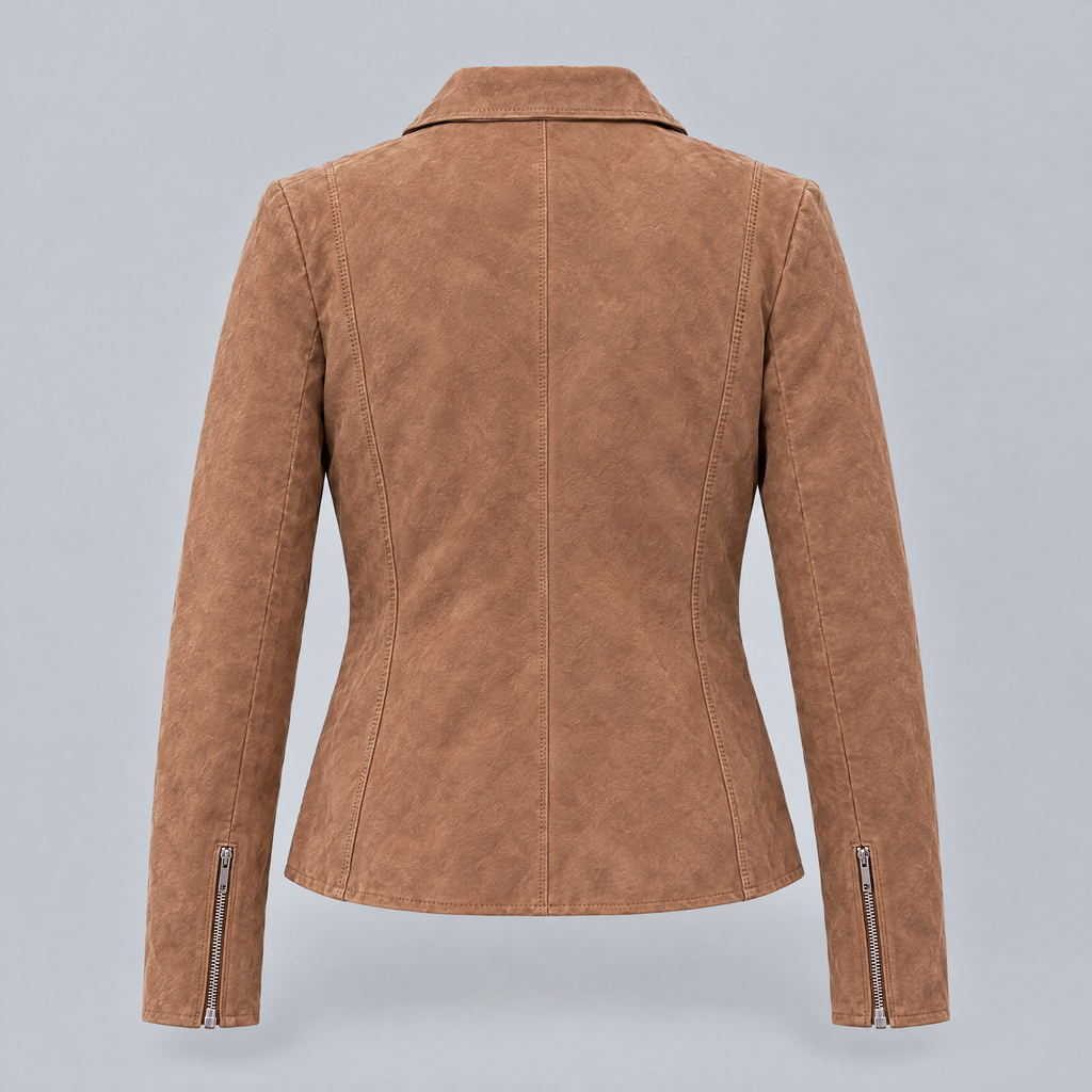Women's Monty Suede Shirt Collar Zip Jacket — Cognac — product-back