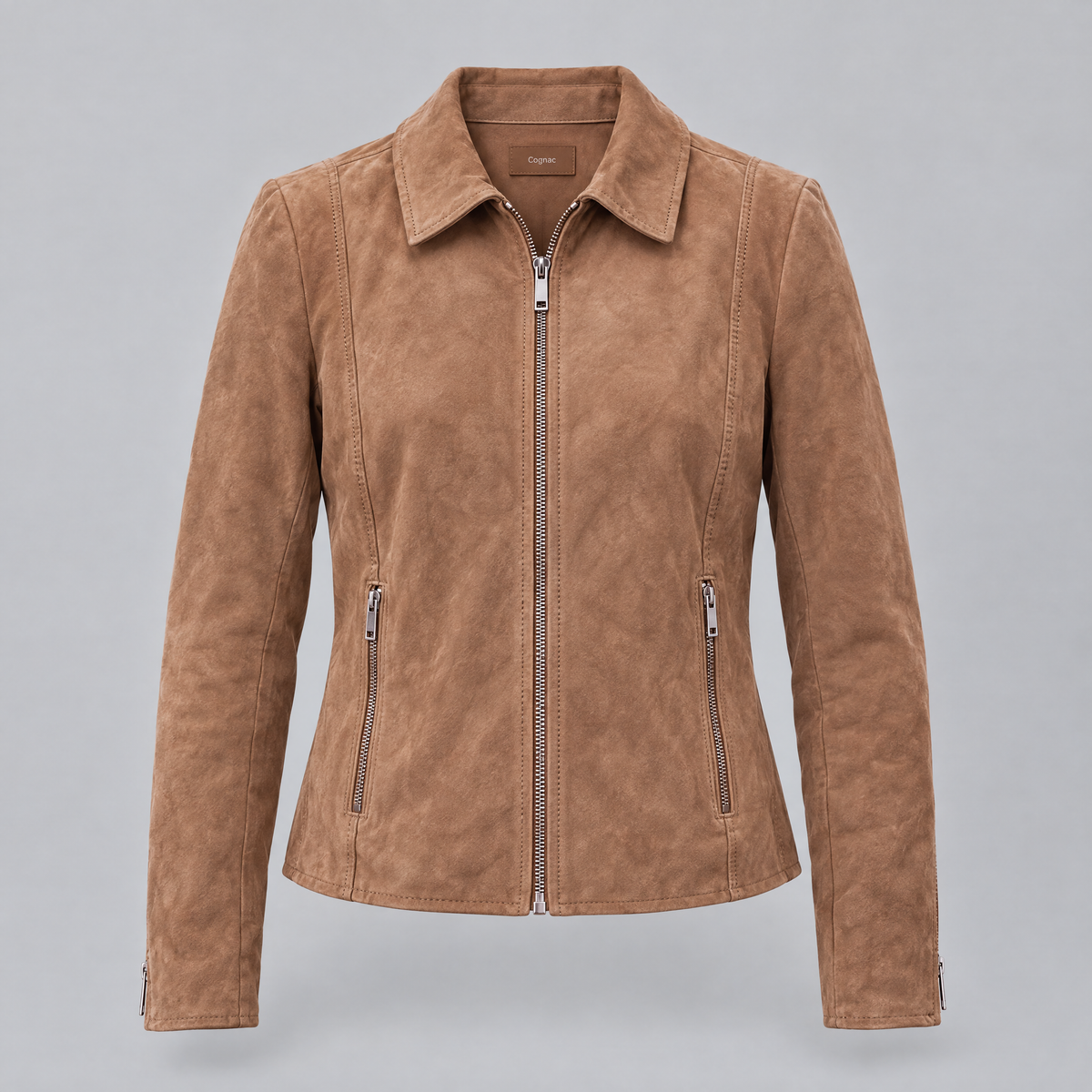 Women's Monty Suede Shirt Collar Zip Jacket — Cognac — product-front