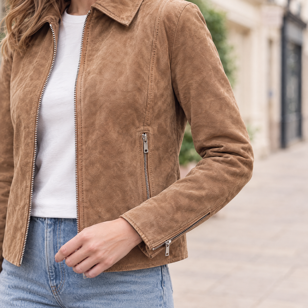 Women's Monty Suede Shirt Collar Zip Jacket — Cognac — sleeve-detail