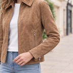Women's Monty Suede Shirt Collar Zip Jacket — Cognac — sleeve-detail