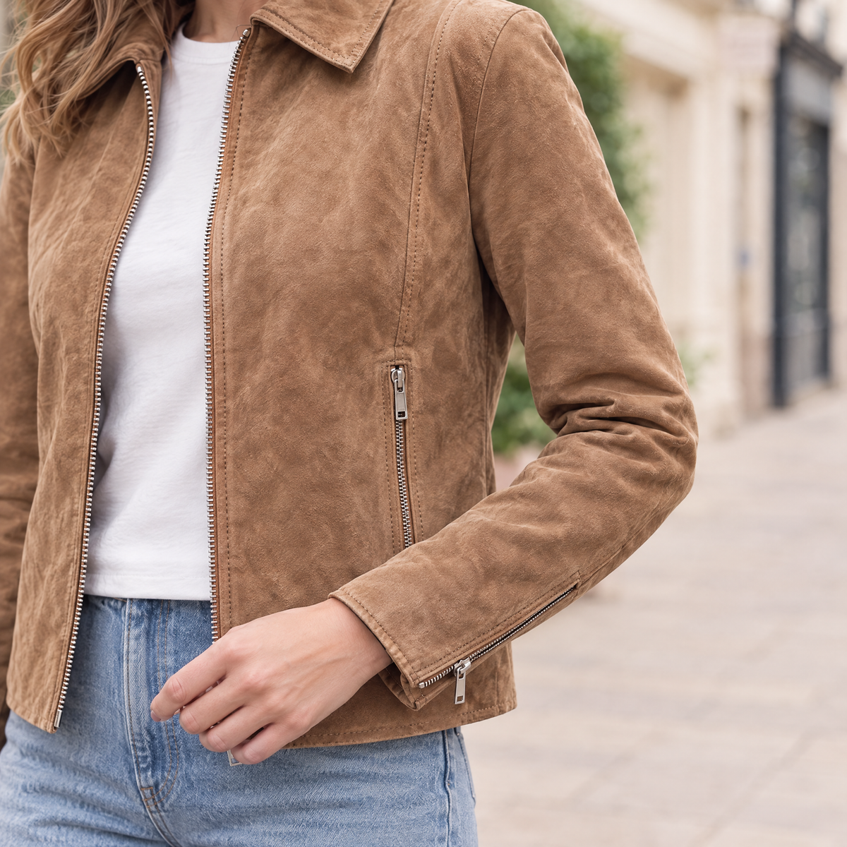 Women's Monty Suede Shirt Collar Zip Jacket — Cognac — sleeve-detail