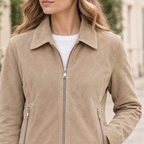 Women's Monty Suede Shirt Collar Zip Jacket — Sand — chest-detail