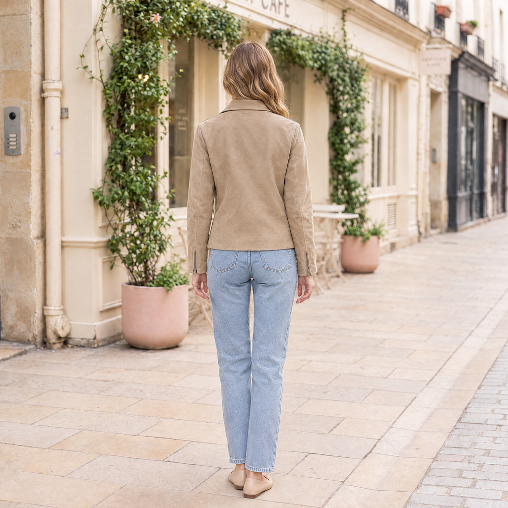 Women's Monty Suede Shirt Collar Zip Jacket — Sand — full-body-back