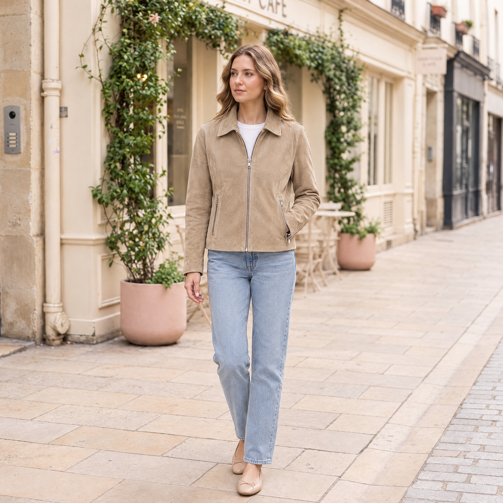 Women's Monty Suede Shirt Collar Zip Jacket — Sand — full-body-front