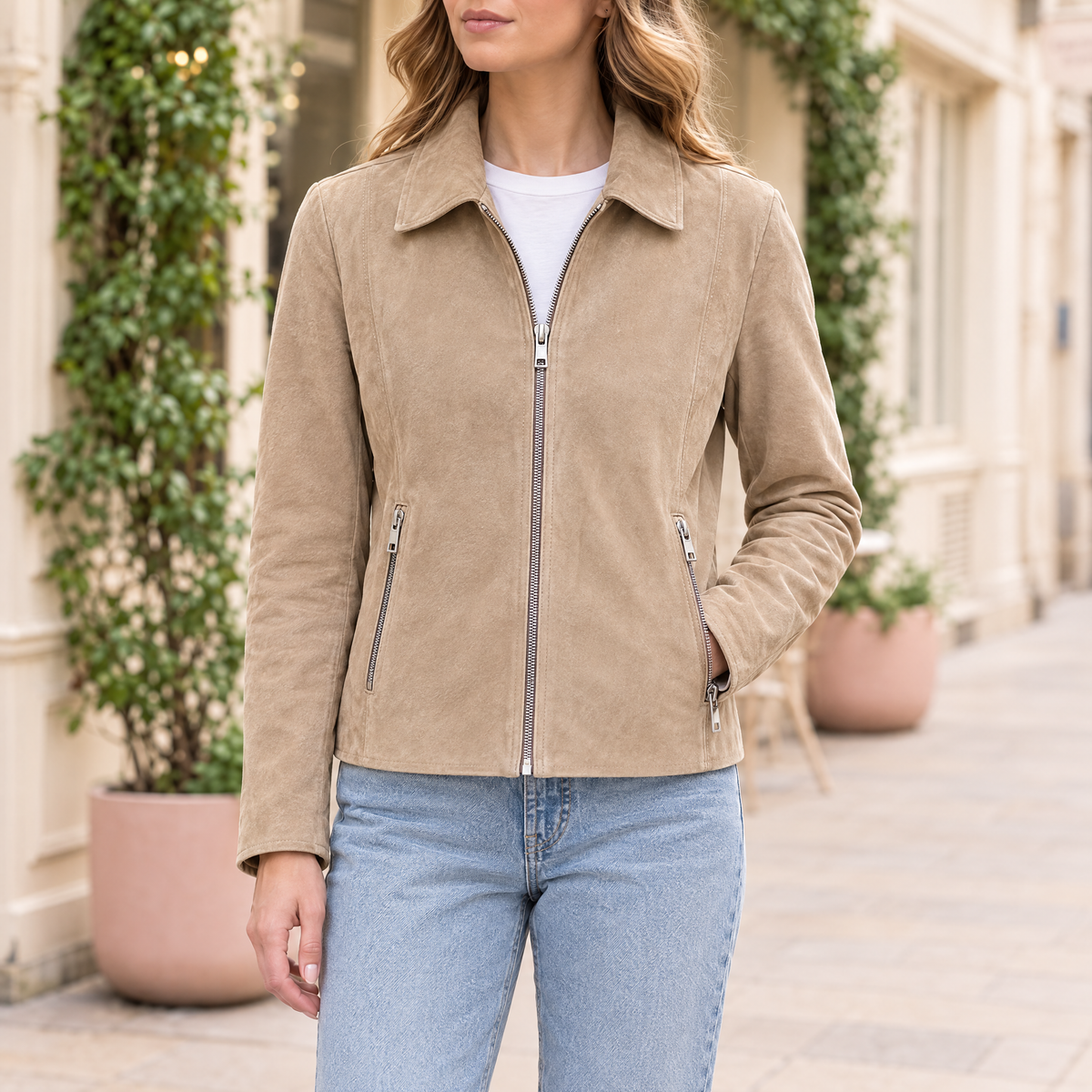 Women's Monty Suede Shirt Collar Zip Jacket — Sand — hero