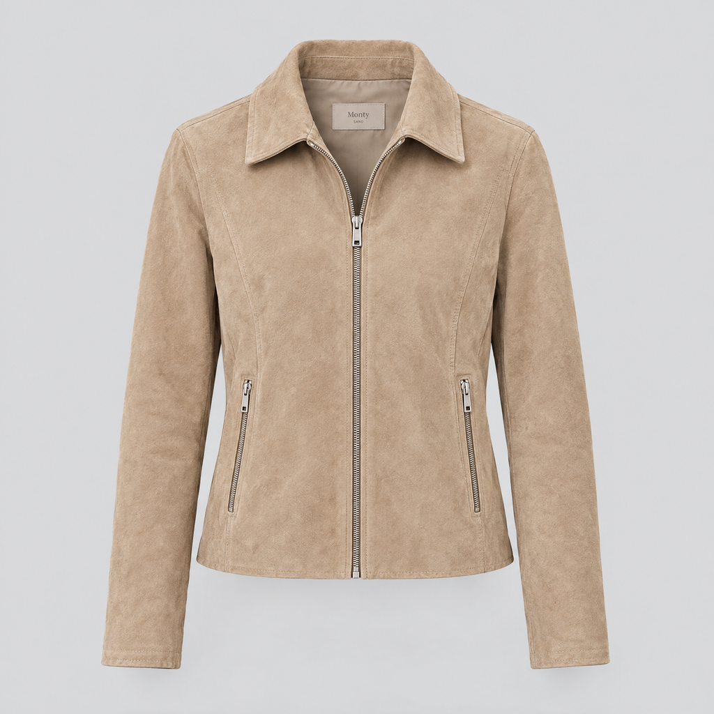 Women's Monty Suede Shirt Collar Zip Jacket — Sand — product-front