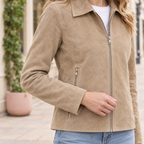 Women's Monty Suede Shirt Collar Zip Jacket — Sand — sleeve-detail