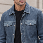 Men's Nolan Leather Denim Shirt Jacket — Medium Blue — chest-detail
