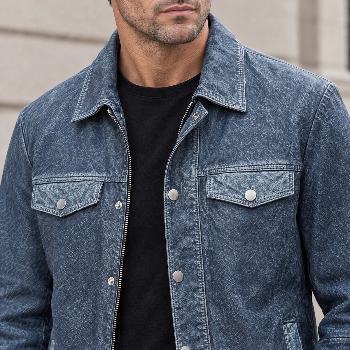 Men's Nolan Leather Denim Shirt Jacket — Medium Blue — chest-detail
