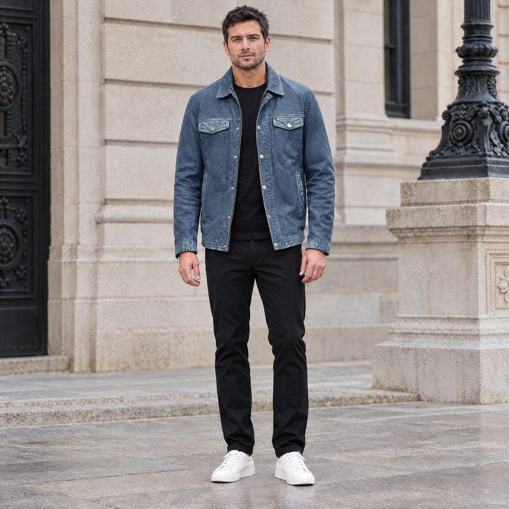 Men's Nolan Leather Denim Shirt Jacket — Medium Blue — full-body-front