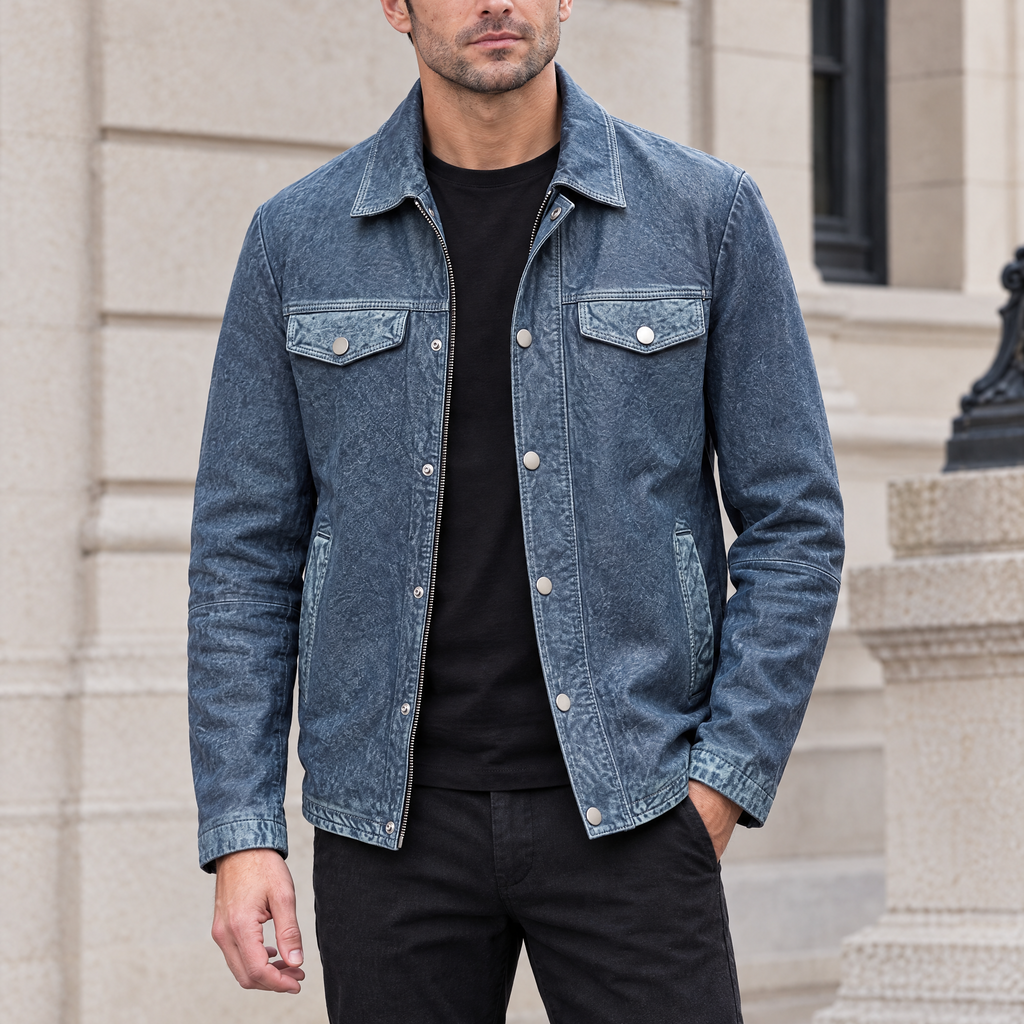 Men's Nolan Leather Denim Shirt Jacket — Medium Blue — hero