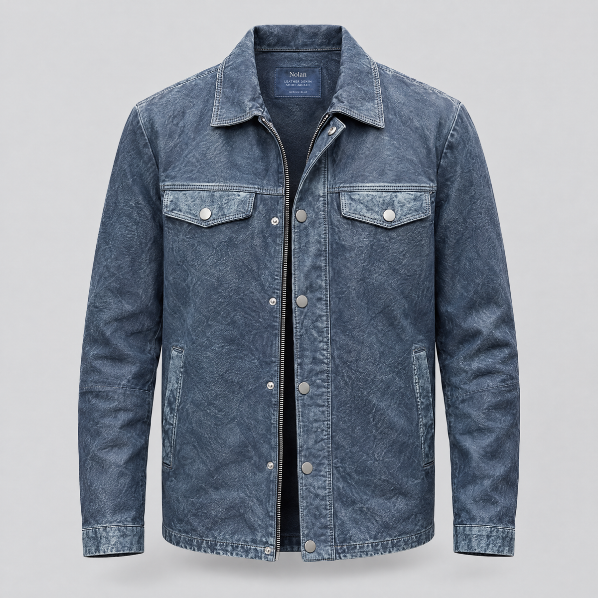 Men's Nolan Leather Denim Shirt Jacket — Medium Blue — product-front