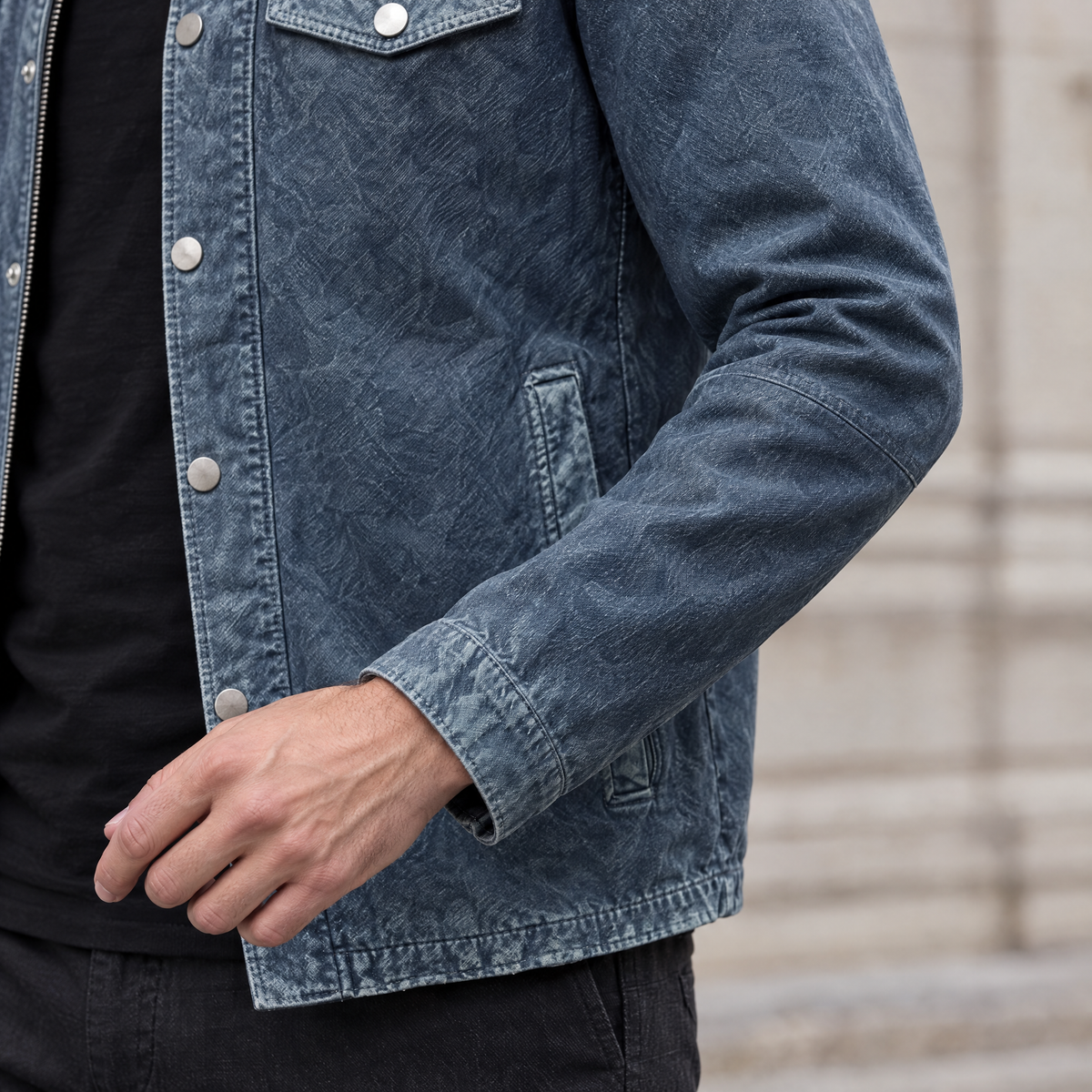 Men's Nolan Leather Denim Shirt Jacket — Medium Blue — sleeve-detail
