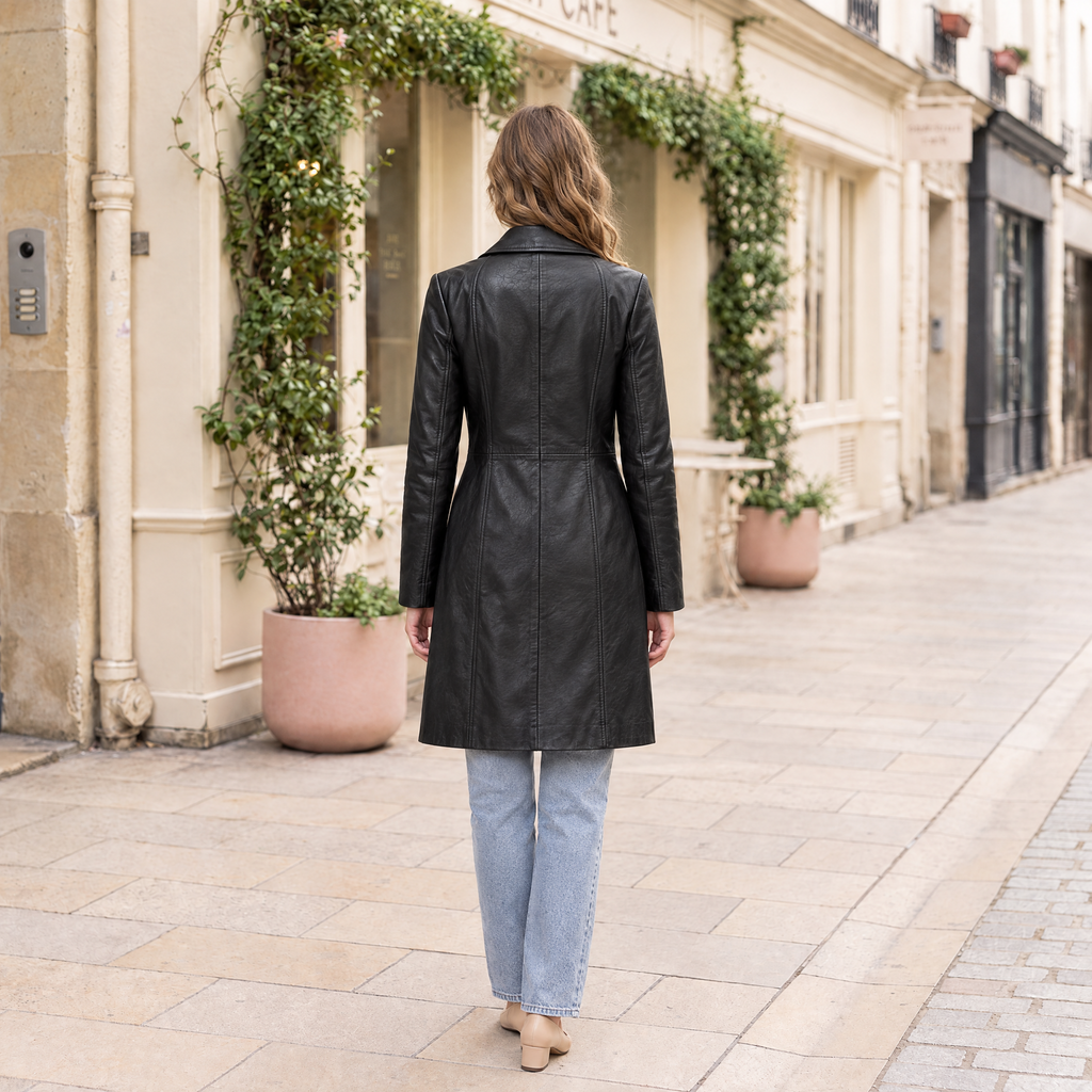 Women's Nora Button Down Leather Trench Coat — Jacket — Black — full-body-back
