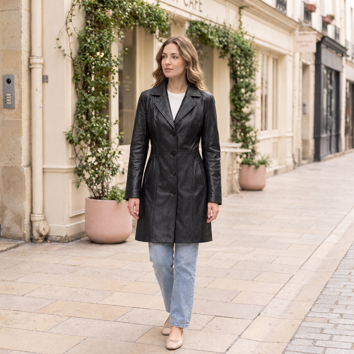 Women's Nora Button Down Leather Trench Coat — Jacket — Black — full-body-front