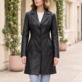 Women's Nora Button Down Leather Trench Coat — Jacket — Black — hero