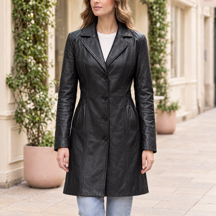 Women's Nora Button Down Leather Trench Coat — Jacket — Black — hero