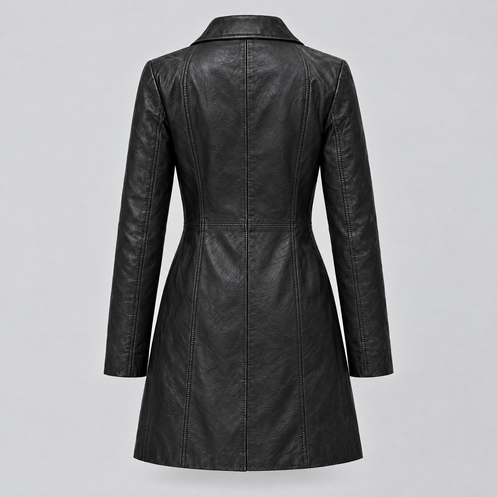 Women's Nora Button Down Leather Trench Coat — Jacket — Black — product-back