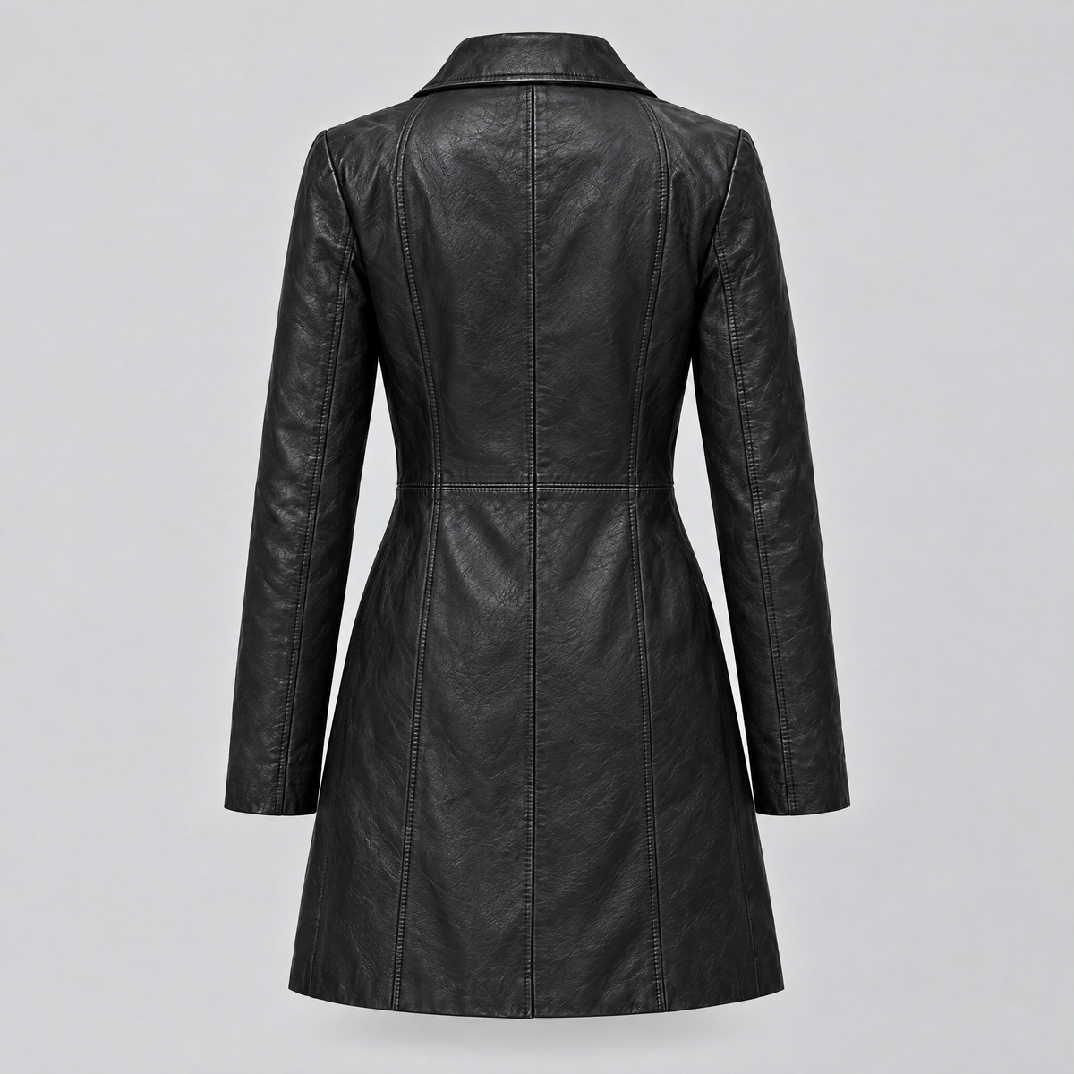 Women's Nora Button Down Leather Trench Coat — Jacket — Black — product-back