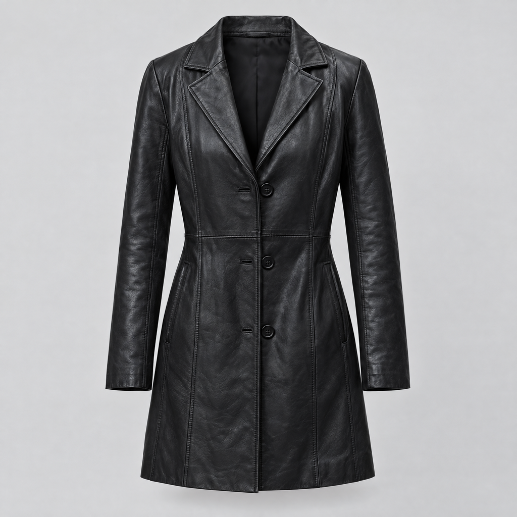 Women's Nora Button Down Leather Trench Coat — Jacket — Black — product-front