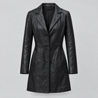 Women's Nora Button Down Leather Trench Coat — Jacket — Black — product-front