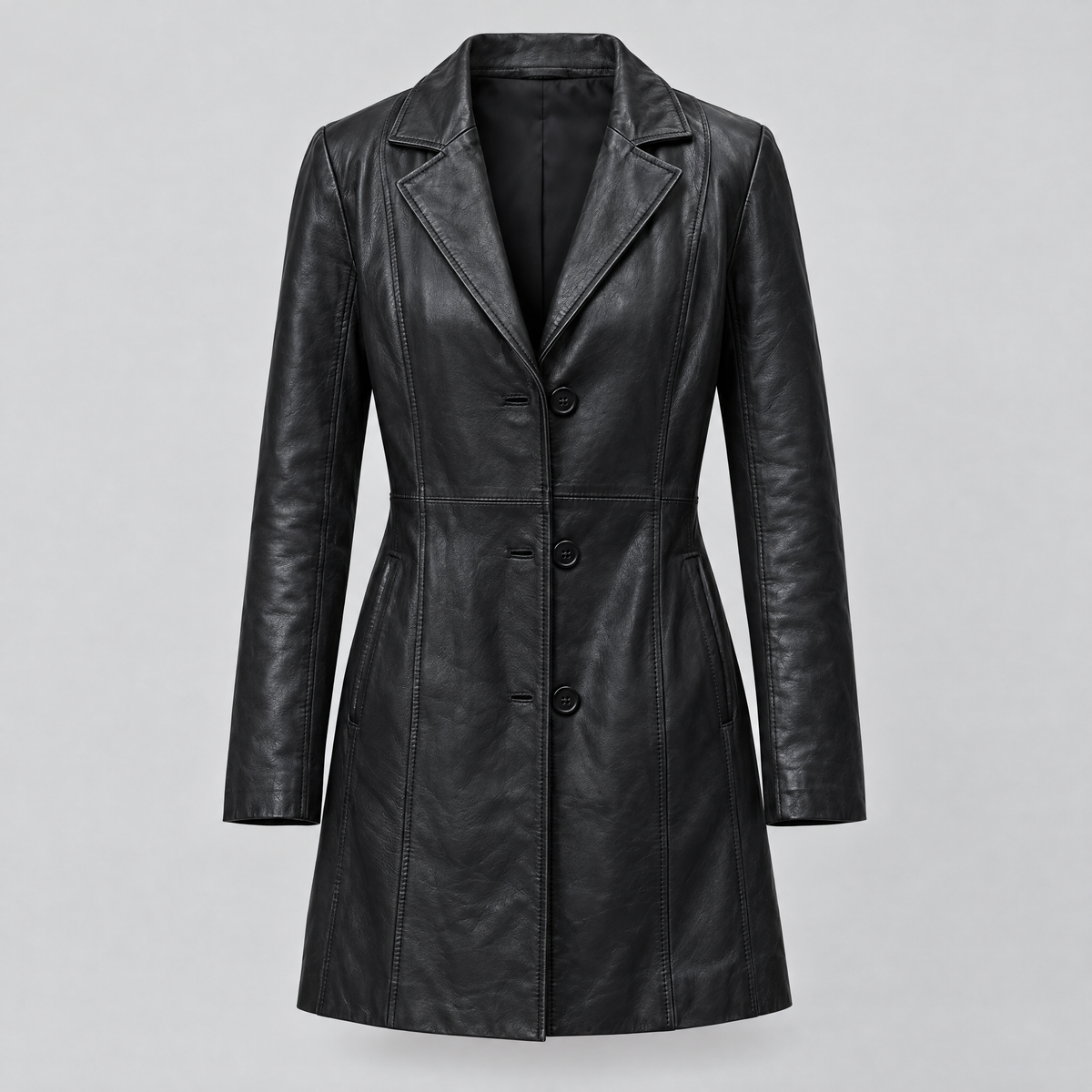 Women's Nora Button Down Leather Trench Coat — Jacket — Black — product-front