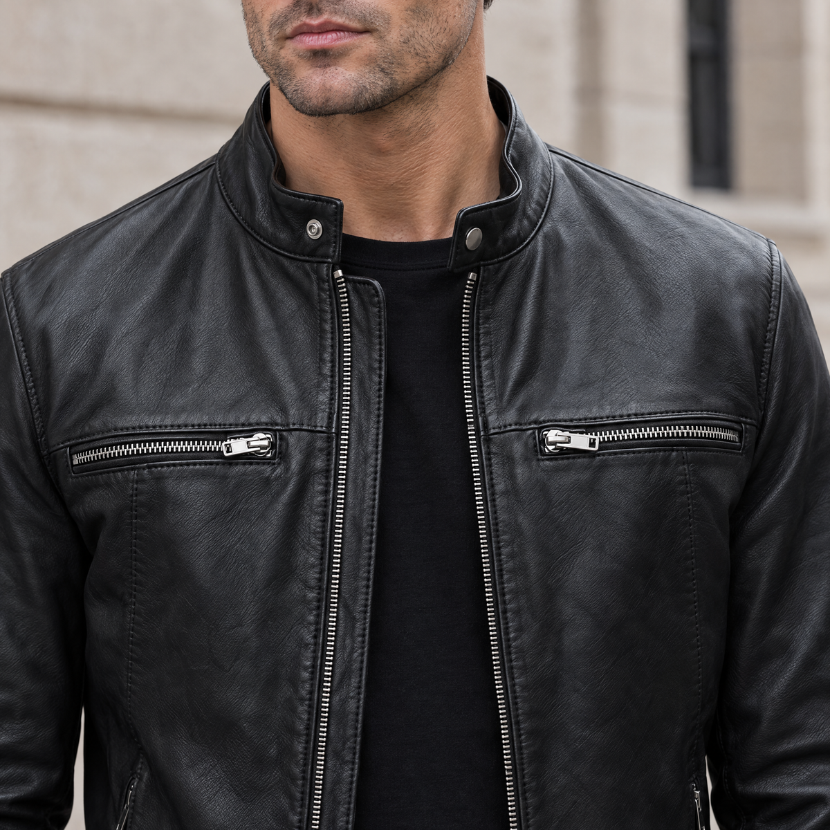 Men's Quinton Lightweight Leather Racer Jacket — Black — chest-detail