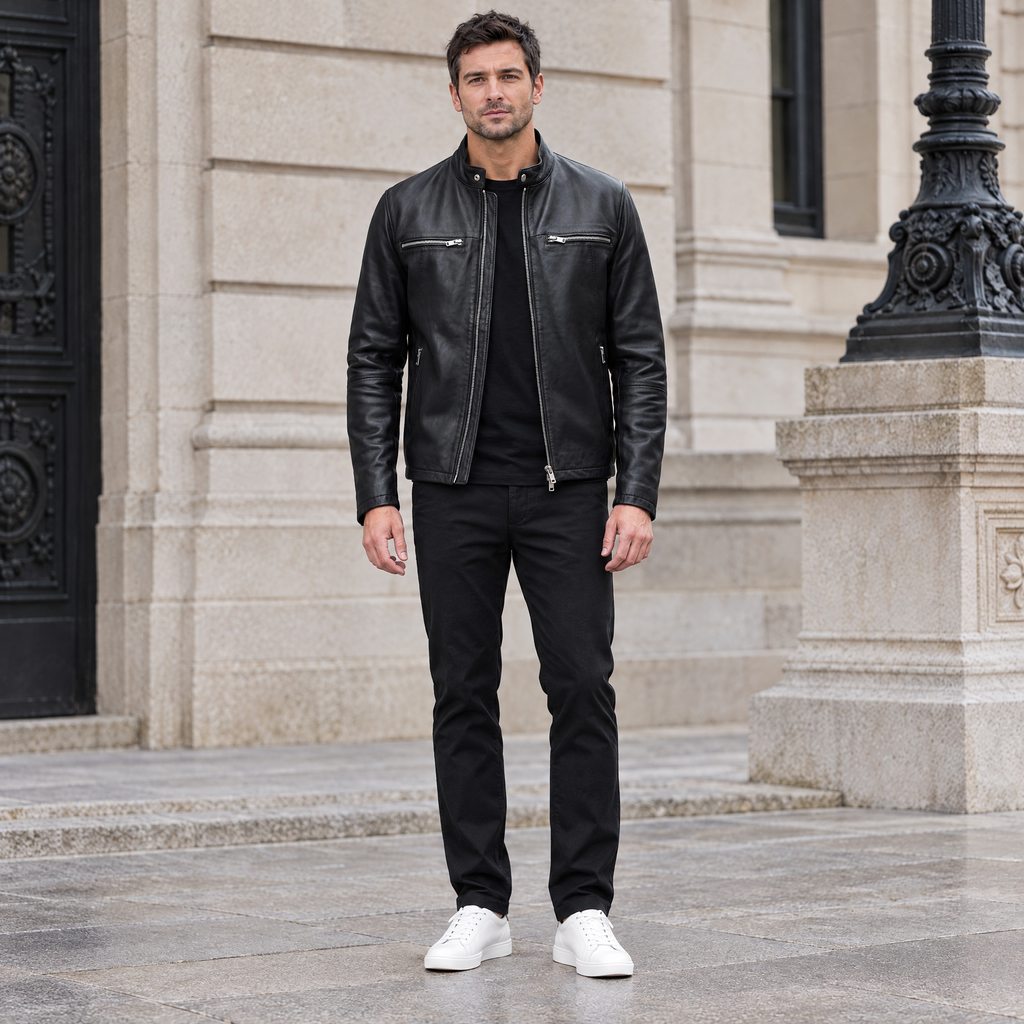 Men's Quinton Lightweight Leather Racer Jacket — Black — full-body-front