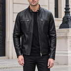 Men's Quinton Lightweight Leather Racer Jacket — Black — hero
