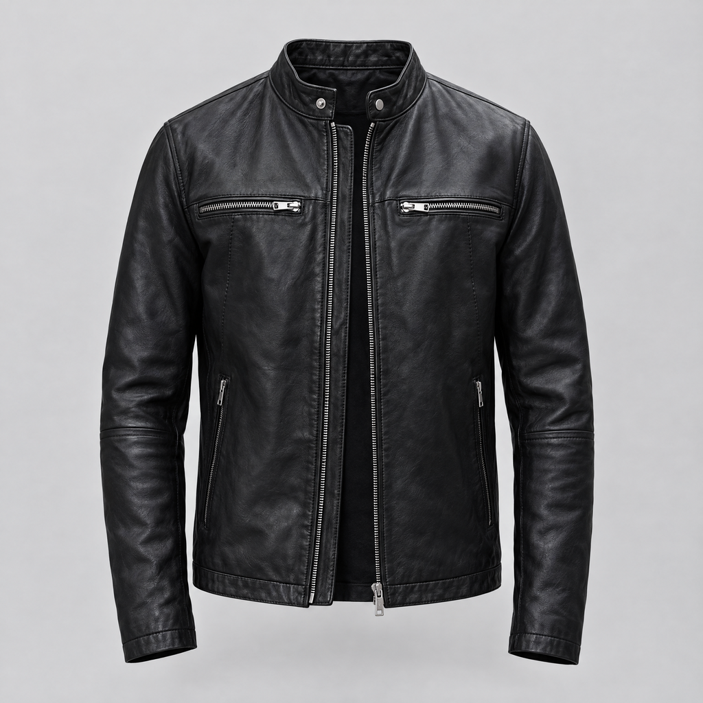 Men's Quinton Lightweight Leather Racer Jacket — Black — product-front