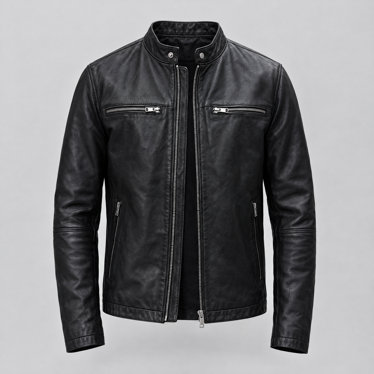 Men's Quinton Lightweight Leather Racer Jacket — Black — product-front