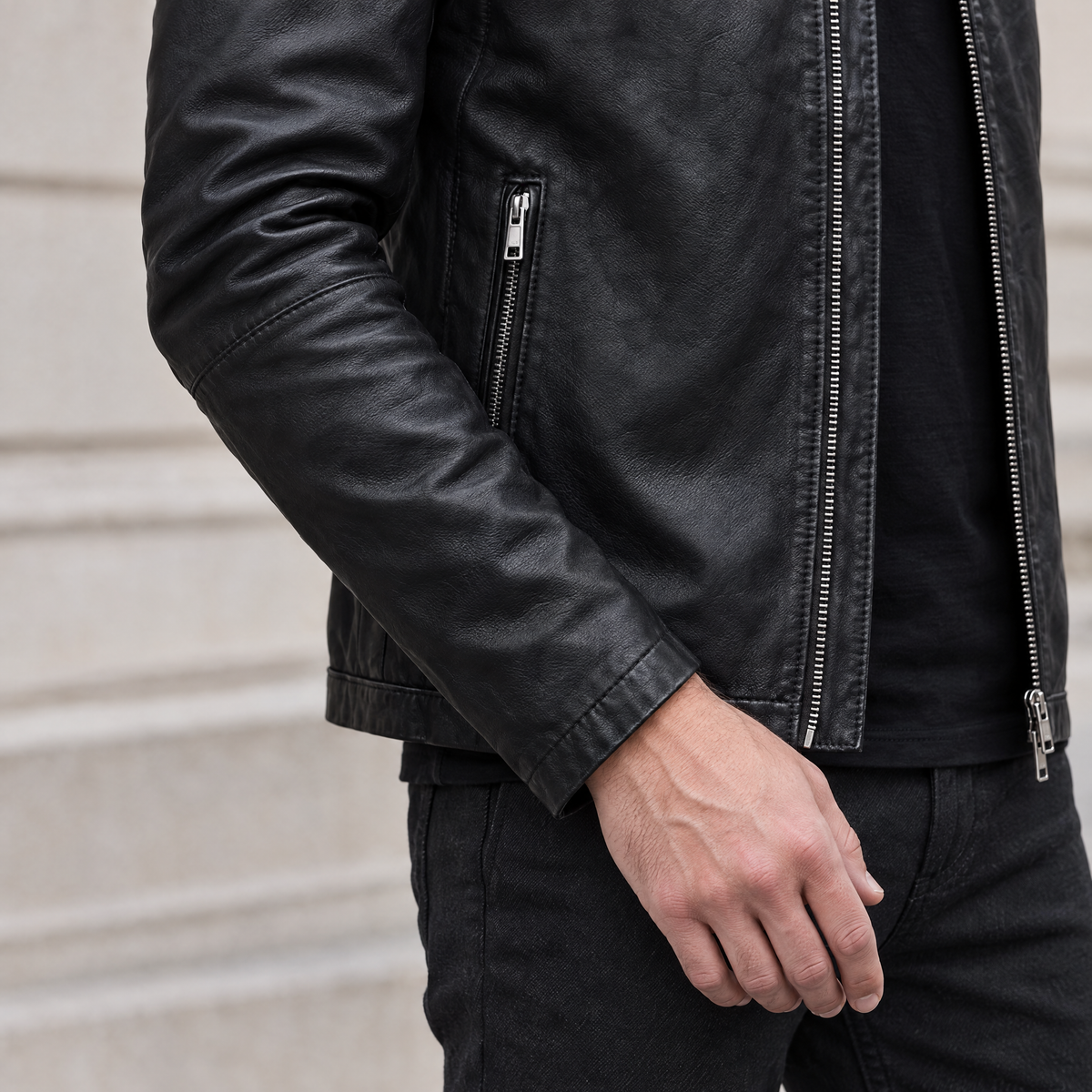 Men's Quinton Lightweight Leather Racer Jacket — Black — sleeve-detail