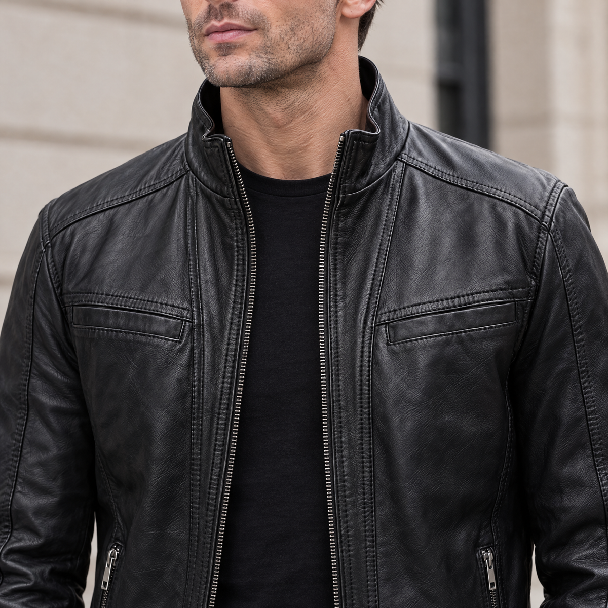 Men's Sean Vintage Leather Racer Jacket — Black — chest-detail