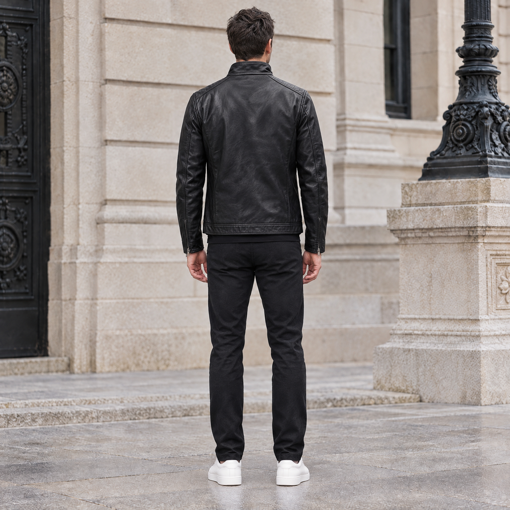 Men's Sean Vintage Leather Racer Jacket — Black — full-body-back