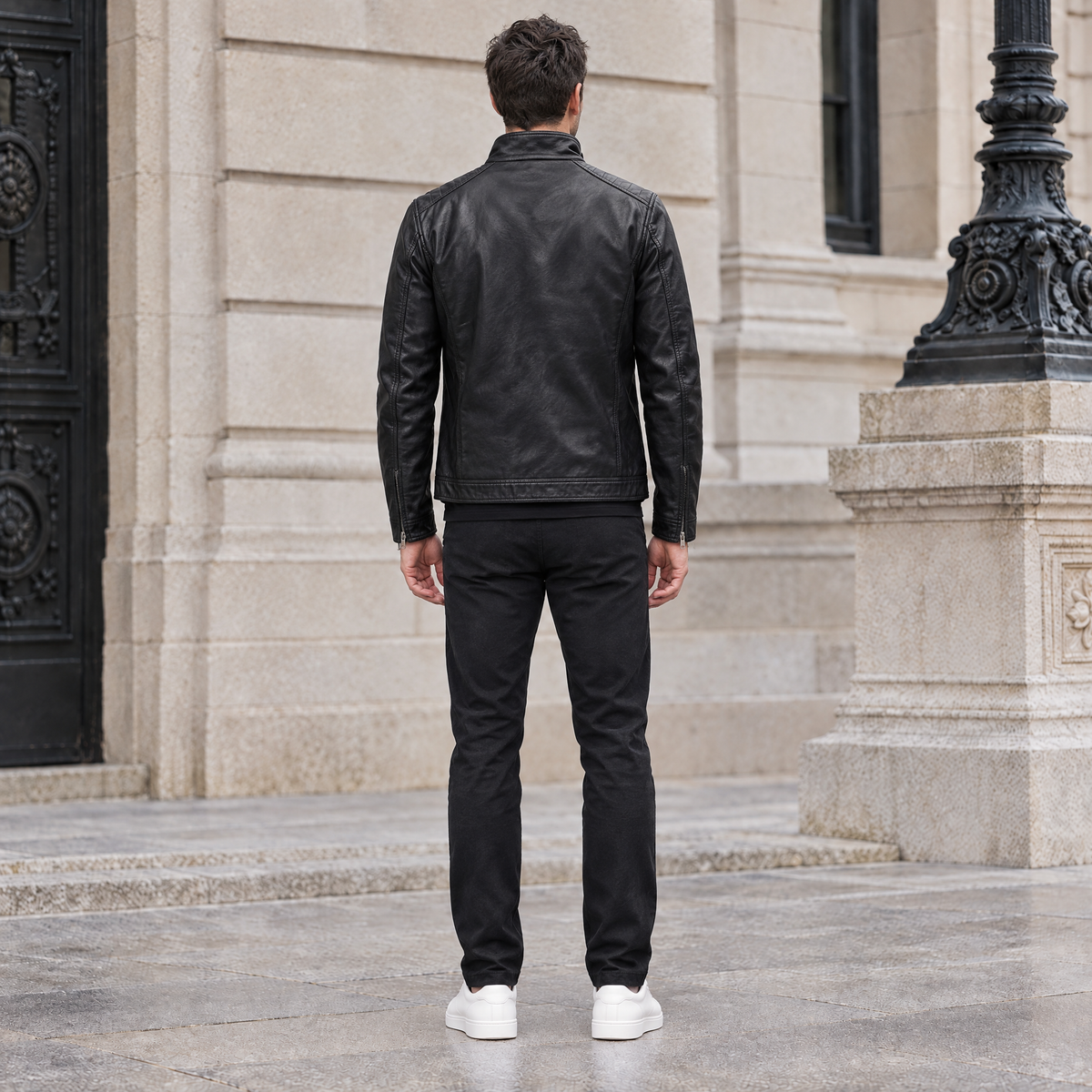 Men's Sean Vintage Leather Racer Jacket — Black — full-body-back