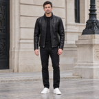 Men's Sean Vintage Leather Racer Jacket — Black — full-body-front