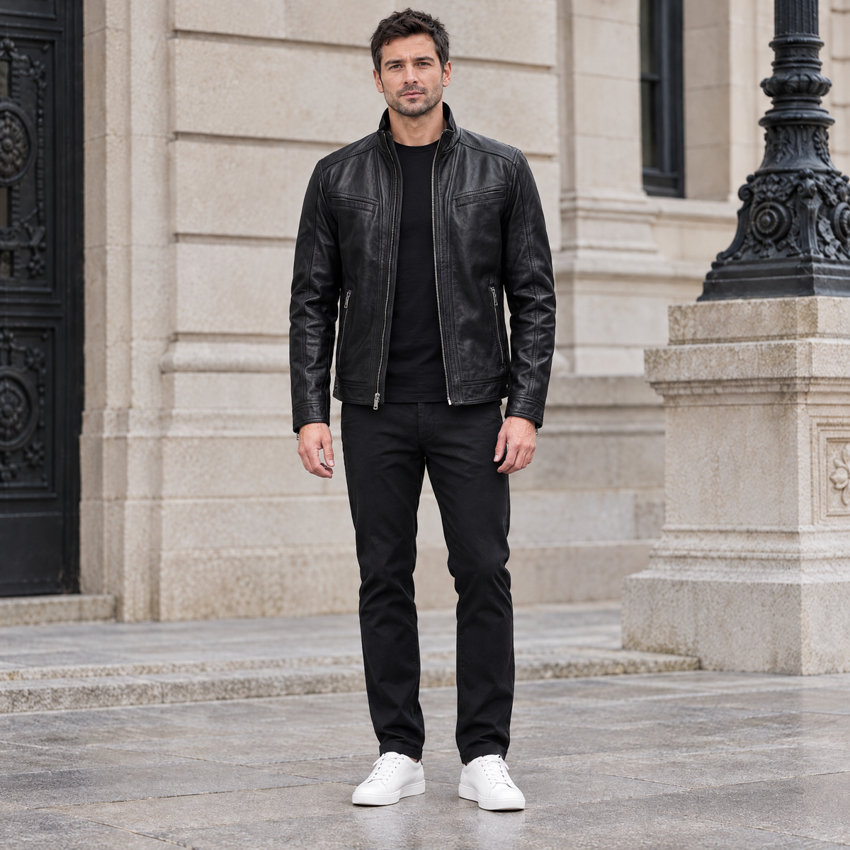 Men's Sean Vintage Leather Racer Jacket — Black — full-body-front