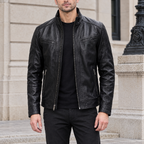 Men's Sean Vintage Leather Racer Jacket — Black — hero