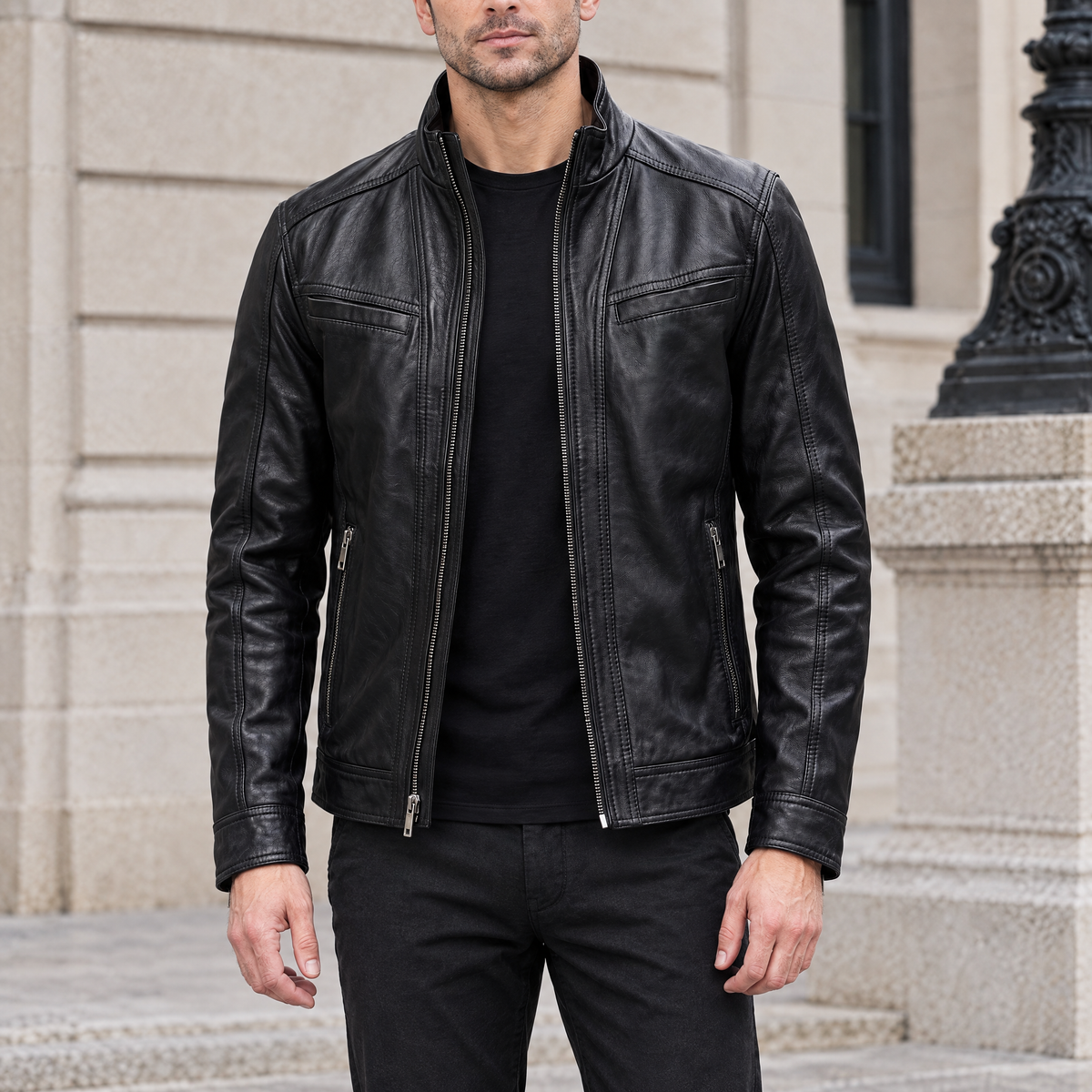 Men's Sean Vintage Leather Racer Jacket — Black — hero
