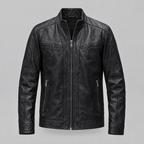 Men's Sean Vintage Leather Racer Jacket — Black — product-front