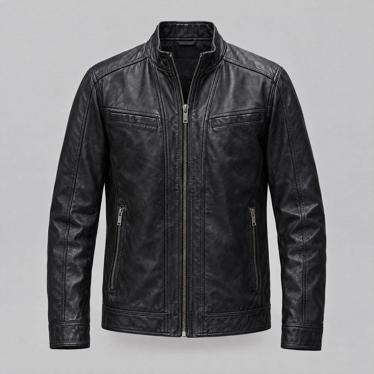 Men's Sean Vintage Leather Racer Jacket — Black — product-front
